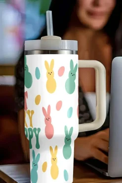 Hot Dear-Lover DONT WORRY BE HOPPY Bunny Print Thermal Tumbler 40oz White
