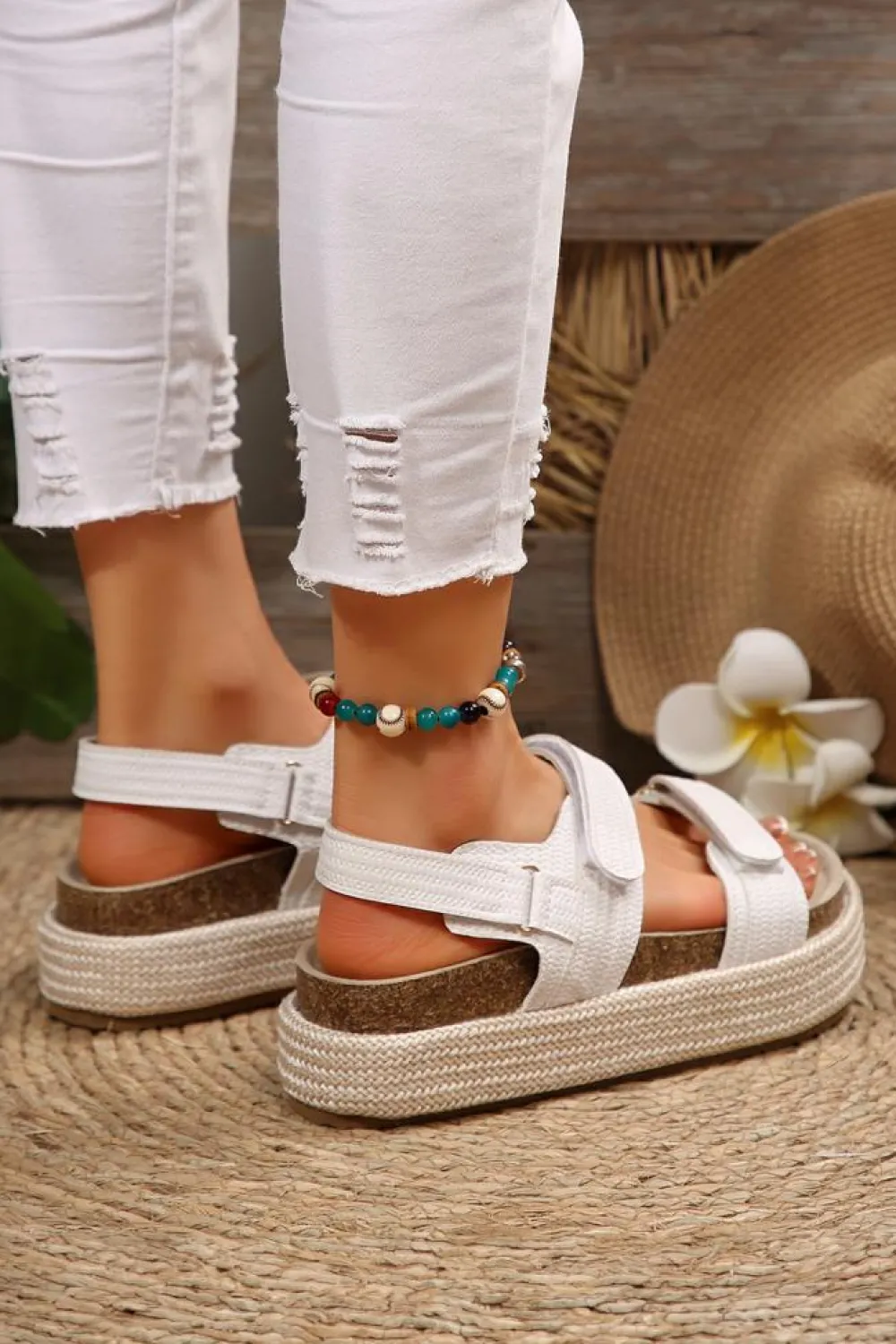Clearance Dear-Lover Double Velcro Woven Platform Sandals White