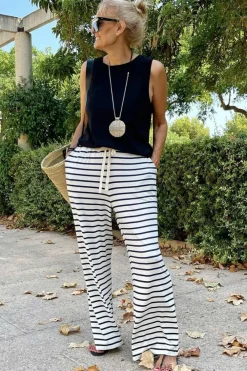 Hot Dear-Lover Drawstring Striped Wide Leg Pants White