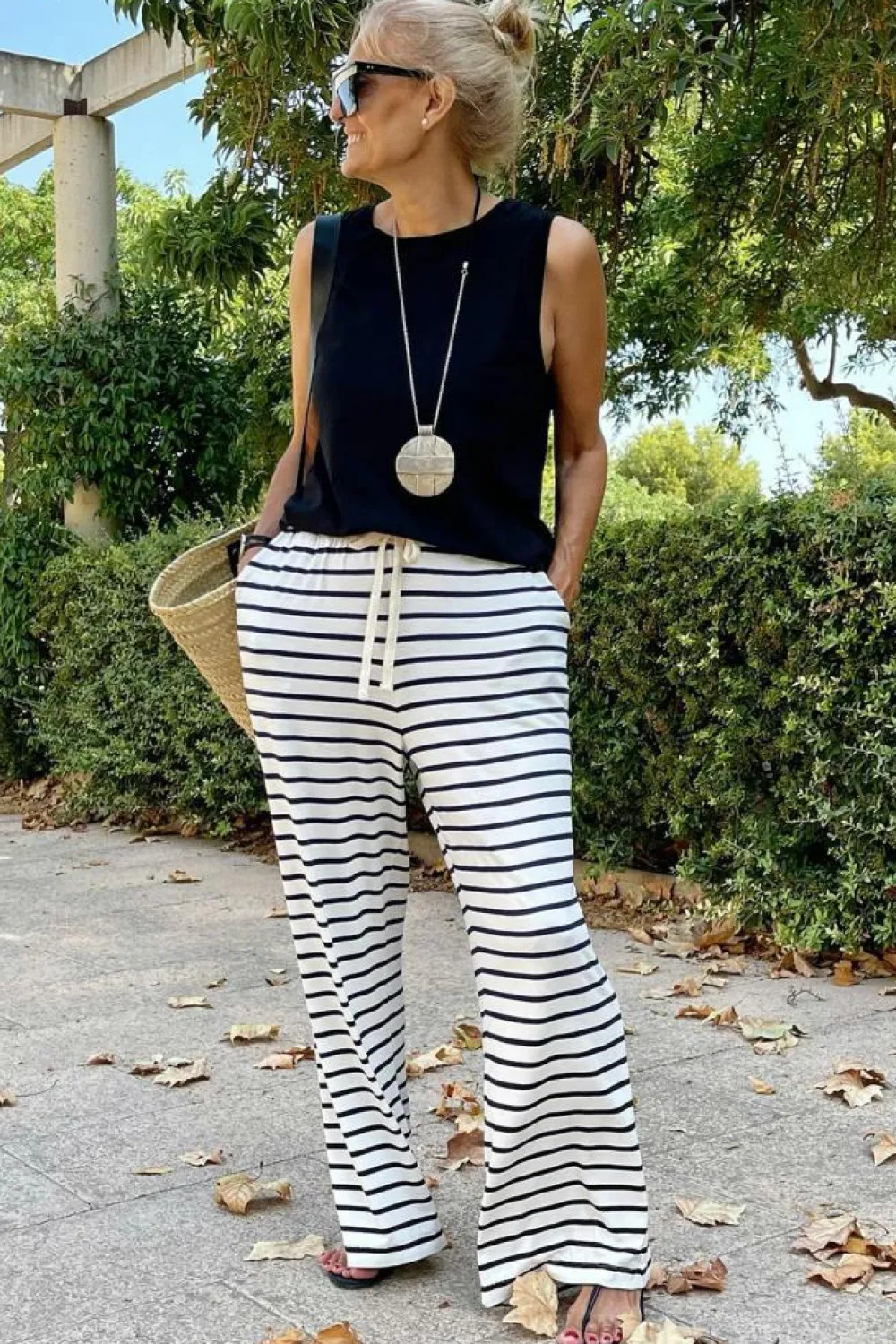 Hot Dear-Lover Drawstring Striped Wide Leg Pants White
