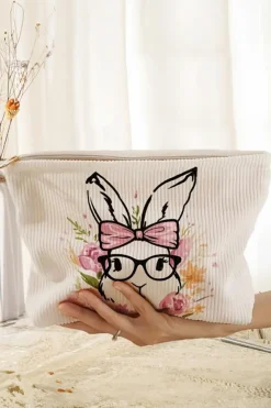 Fashion Dear-Lover Easter Bunny Print Corduroy Makeup Storage Bag White