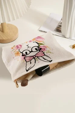 Fashion Dear-Lover Easter Bunny Print Corduroy Makeup Storage Bag White