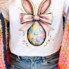 Hot Dear-Lover Easter Egg Bow Bunny Ear Printed T Shirt White