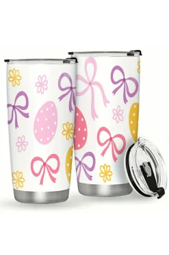 Sale Dear-Lover Easter Eggs Bow Flower Printed Insulated Stainless Steel Thermal Cup White
