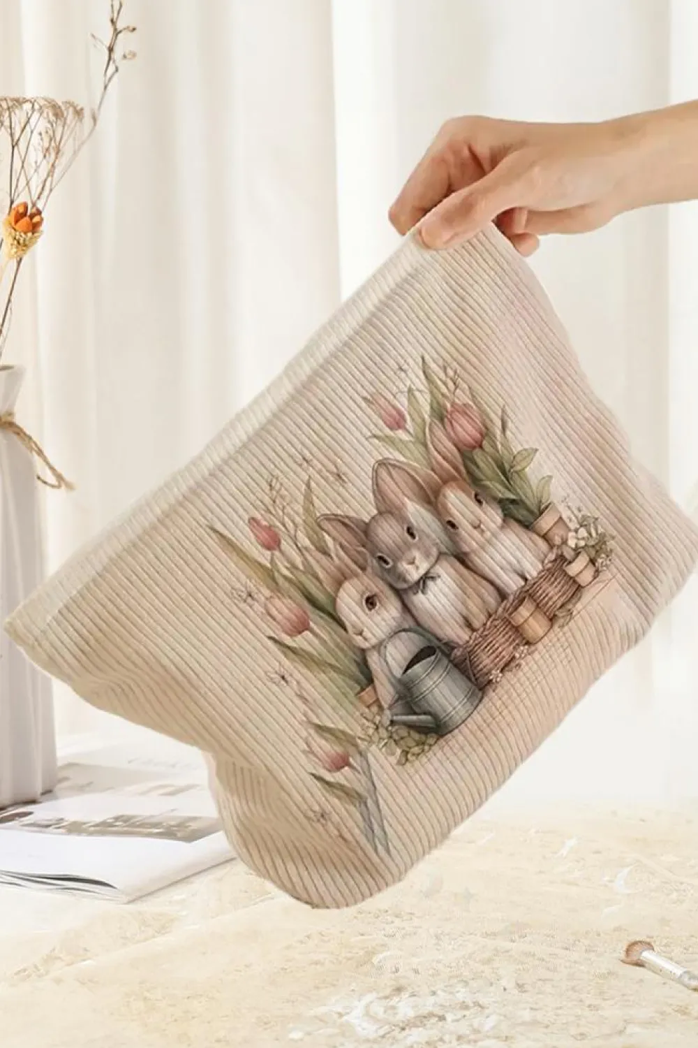 Fashion Dear-Lover Eater Bunny Print Corduroy Zipper Cosmetic Bag White