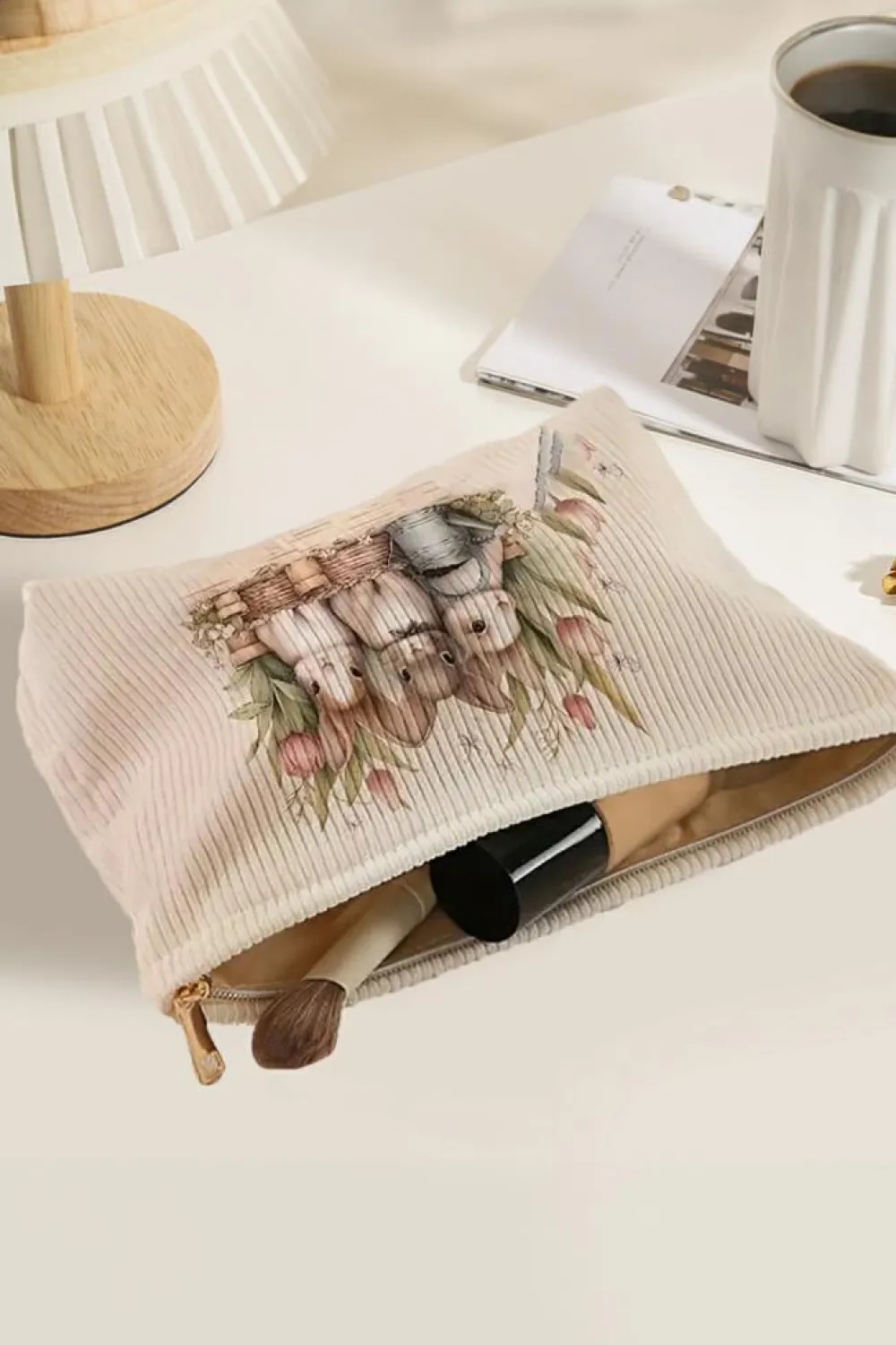 Fashion Dear-Lover Eater Bunny Print Corduroy Zipper Cosmetic Bag White