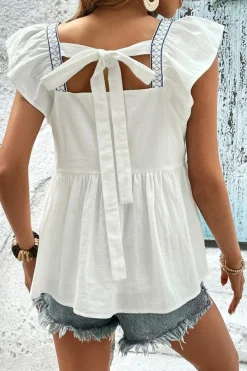 Clearance Dear-Lover Embroidered Bust Square Neck Peplum Blouse White