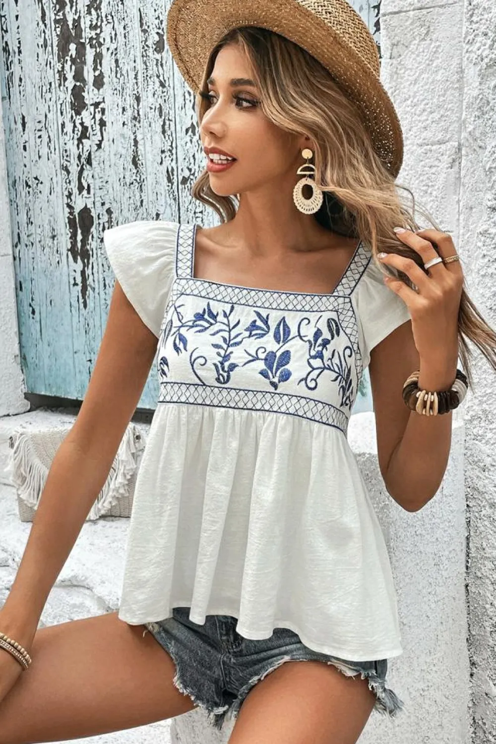 Clearance Dear-Lover Embroidered Bust Square Neck Peplum Blouse White