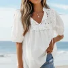 Clearance Dear-Lover Embroidered Lace Patchwork Tie Neck Puff Short Sleeve Blouse White