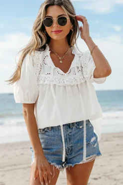 Clearance Dear-Lover Embroidered Lace Patchwork Tie Neck Puff Short Sleeve Blouse White