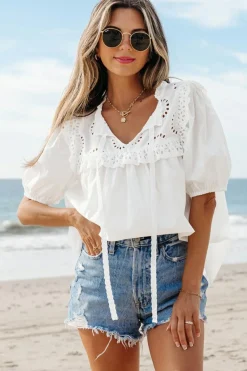 Clearance Dear-Lover Embroidered Lace Patchwork Tie Neck Puff Short Sleeve Blouse White