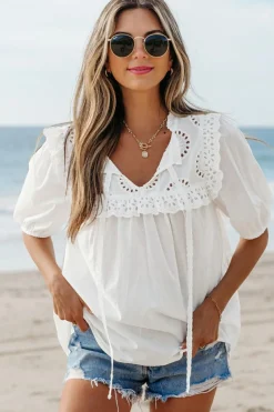 Clearance Dear-Lover Embroidered Lace Patchwork Tie Neck Puff Short Sleeve Blouse White