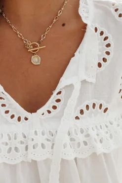 Clearance Dear-Lover Embroidered Lace Patchwork Tie Neck Puff Short Sleeve Blouse White