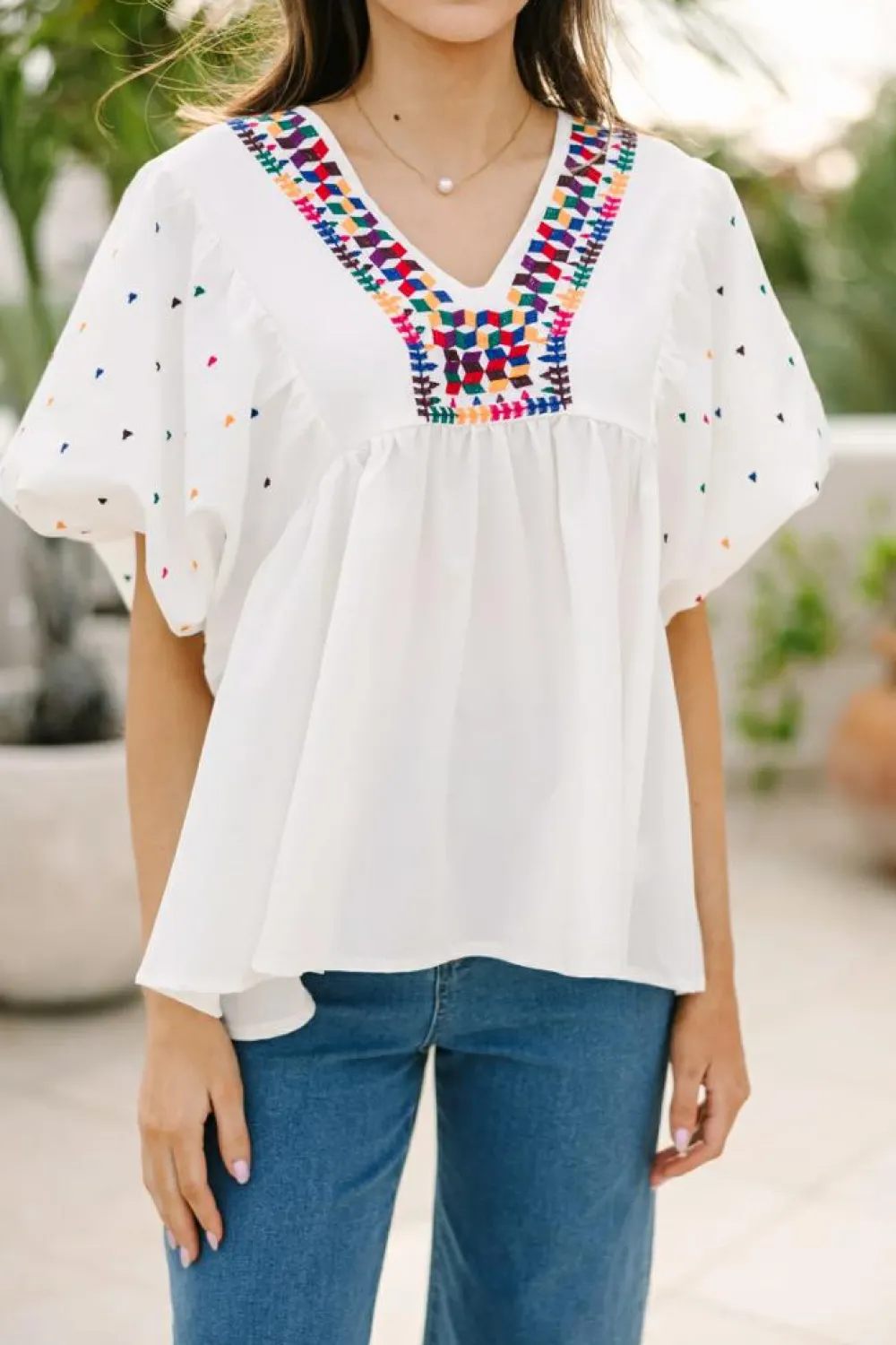 Best Dear-Lover Embroidered Puff Sleeve V Neck Blouse White