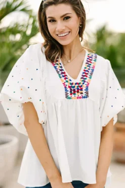 Best Dear-Lover Embroidered Puff Sleeve V Neck Blouse White