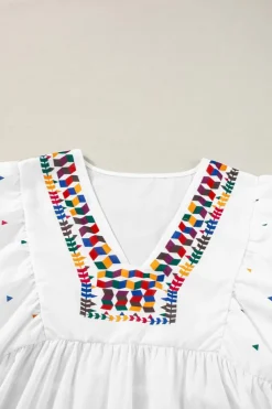 Best Dear-Lover Embroidered Puff Sleeve V Neck Blouse White