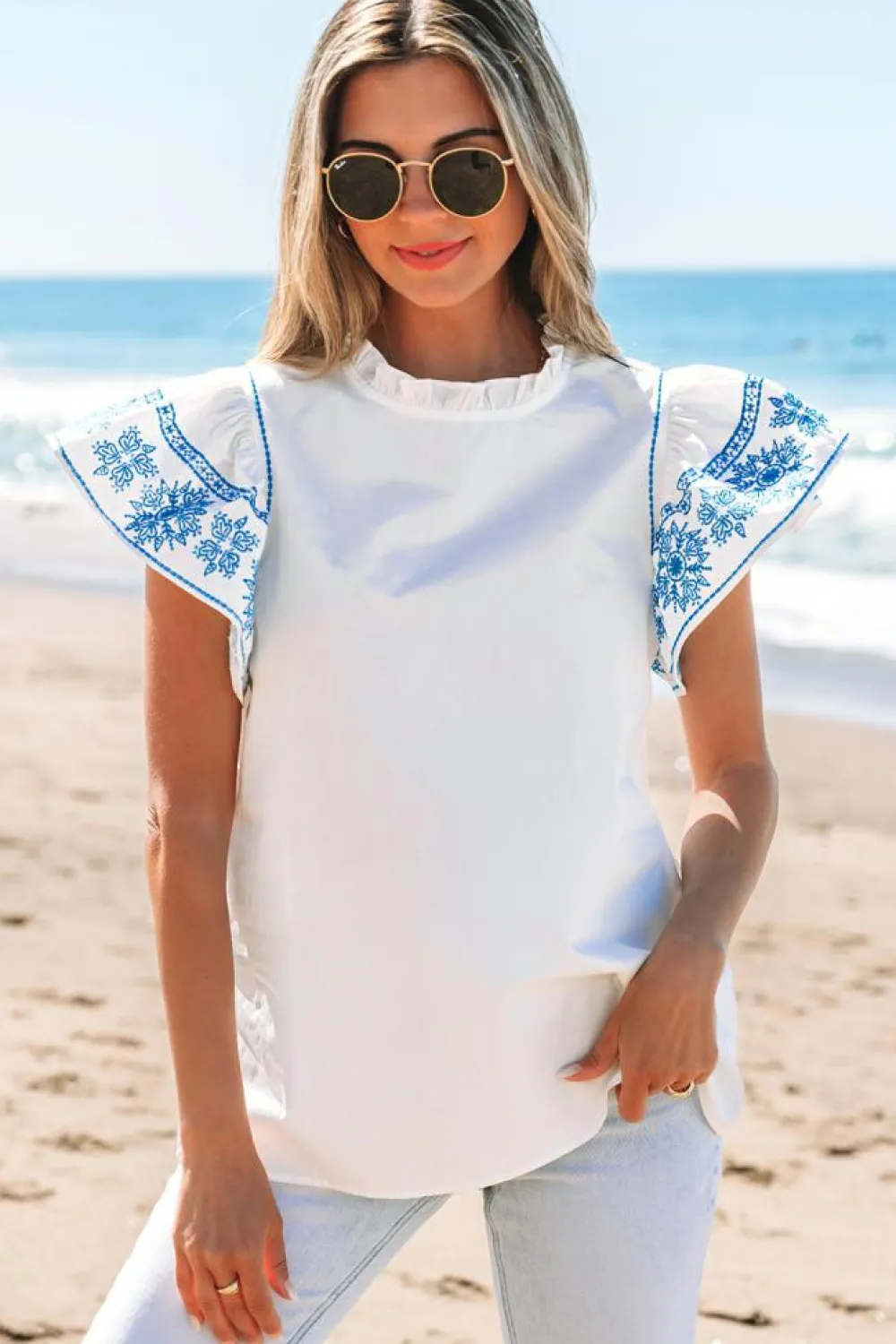 Fashion Dear-Lover Embroidered Ruffled Sleeve Frilled Collar Blouse White