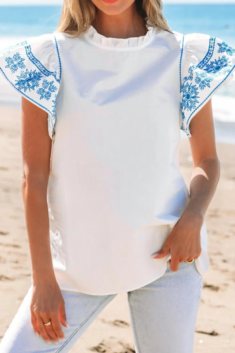 Fashion Dear-Lover Embroidered Ruffled Sleeve Frilled Collar Blouse White