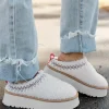 Clearance Dear-Lover Embroidered Sherpa Plush Thick Sole Winter Slippers White