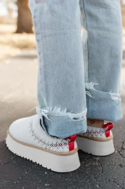 Clearance Dear-Lover Embroidered Sherpa Plush Thick Sole Winter Slippers White