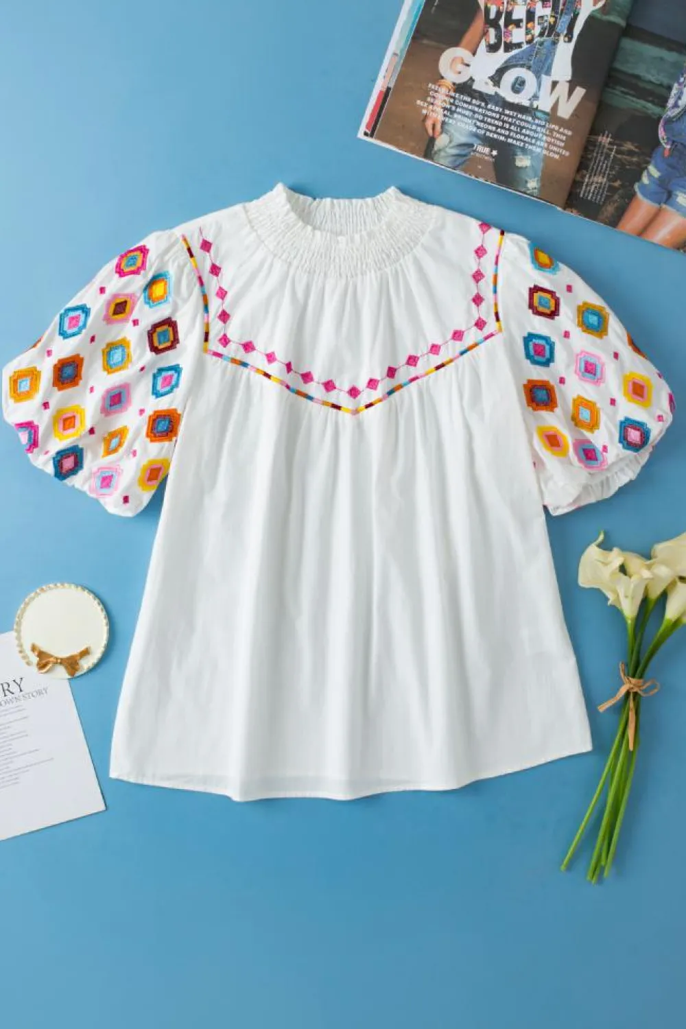 Hot Dear-Lover Embroidered Smocked Neck Puff Sleeve Top White