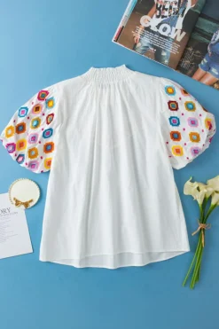 Hot Dear-Lover Embroidered Smocked Neck Puff Sleeve Top White