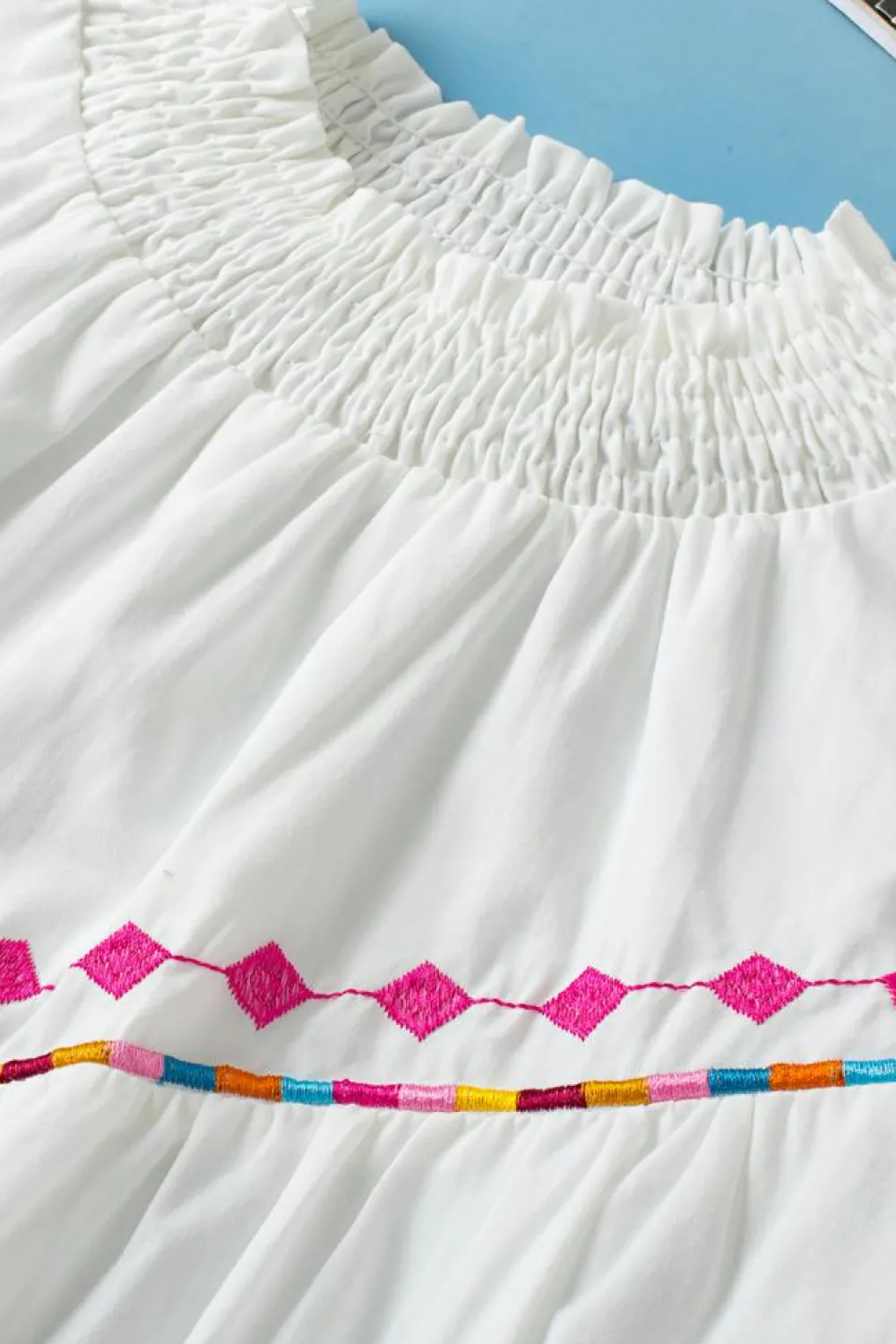 Hot Dear-Lover Embroidered Smocked Neck Puff Sleeve Top White
