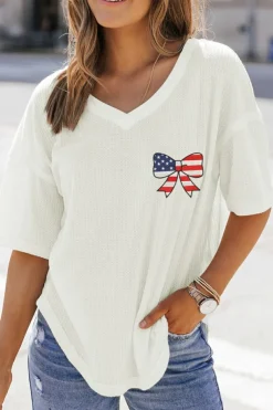 Best Dear-Lover Embroidered Stars Stripes Bowknot Logo Textured Knit T Shirt White