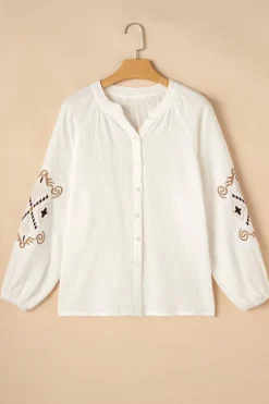 Sale Dear-Lover Embroidered Textured Buttoned Crew Neck Shirt White