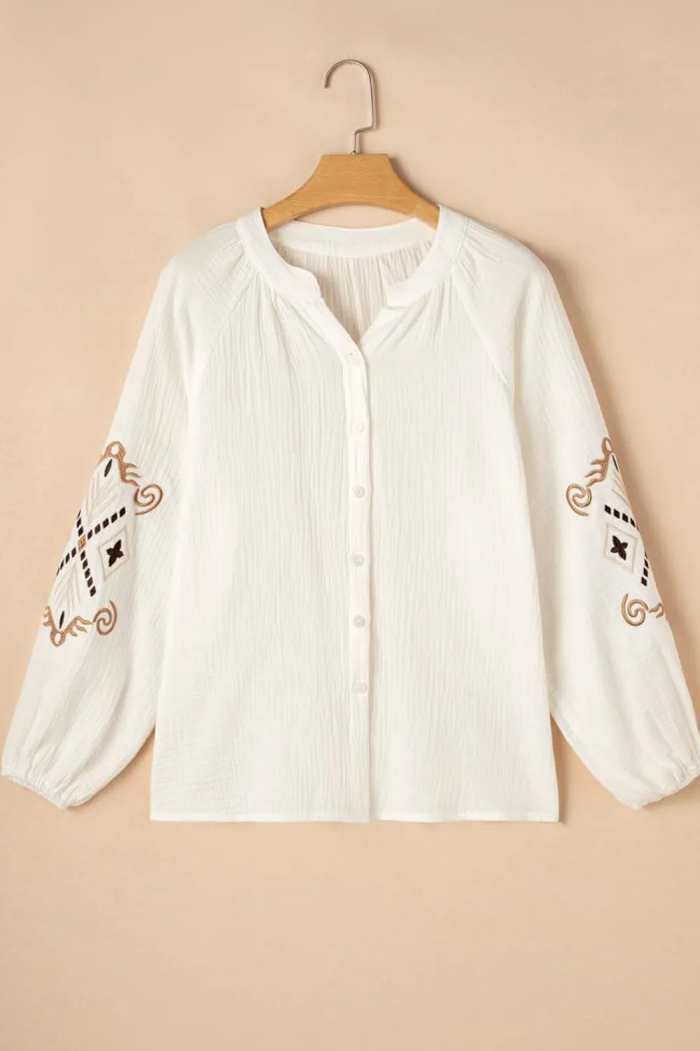 Sale Dear-Lover Embroidered Textured Buttoned Crew Neck Shirt White