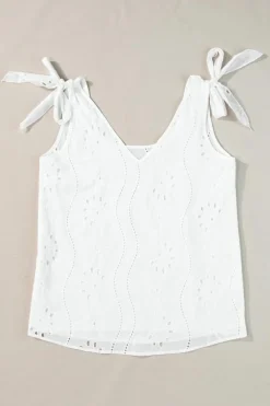 Discount Dear-Lover Embroidery Patterned Knotted Straps V Neck Tank Top White