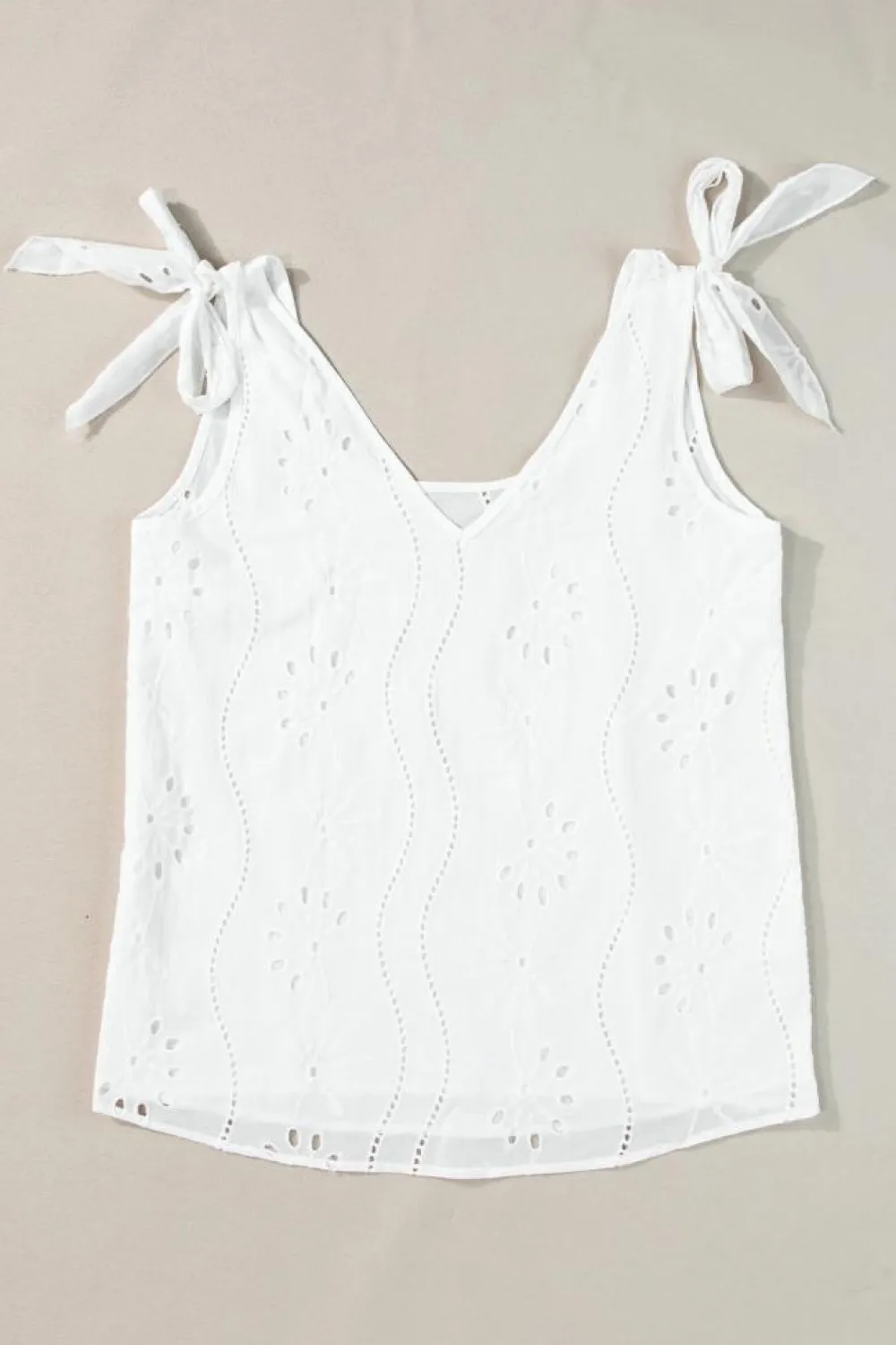 Discount Dear-Lover Embroidery Patterned Knotted Straps V Neck Tank Top White