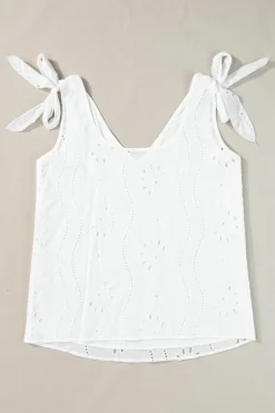 Discount Dear-Lover Embroidery Patterned Knotted Straps V Neck Tank Top White