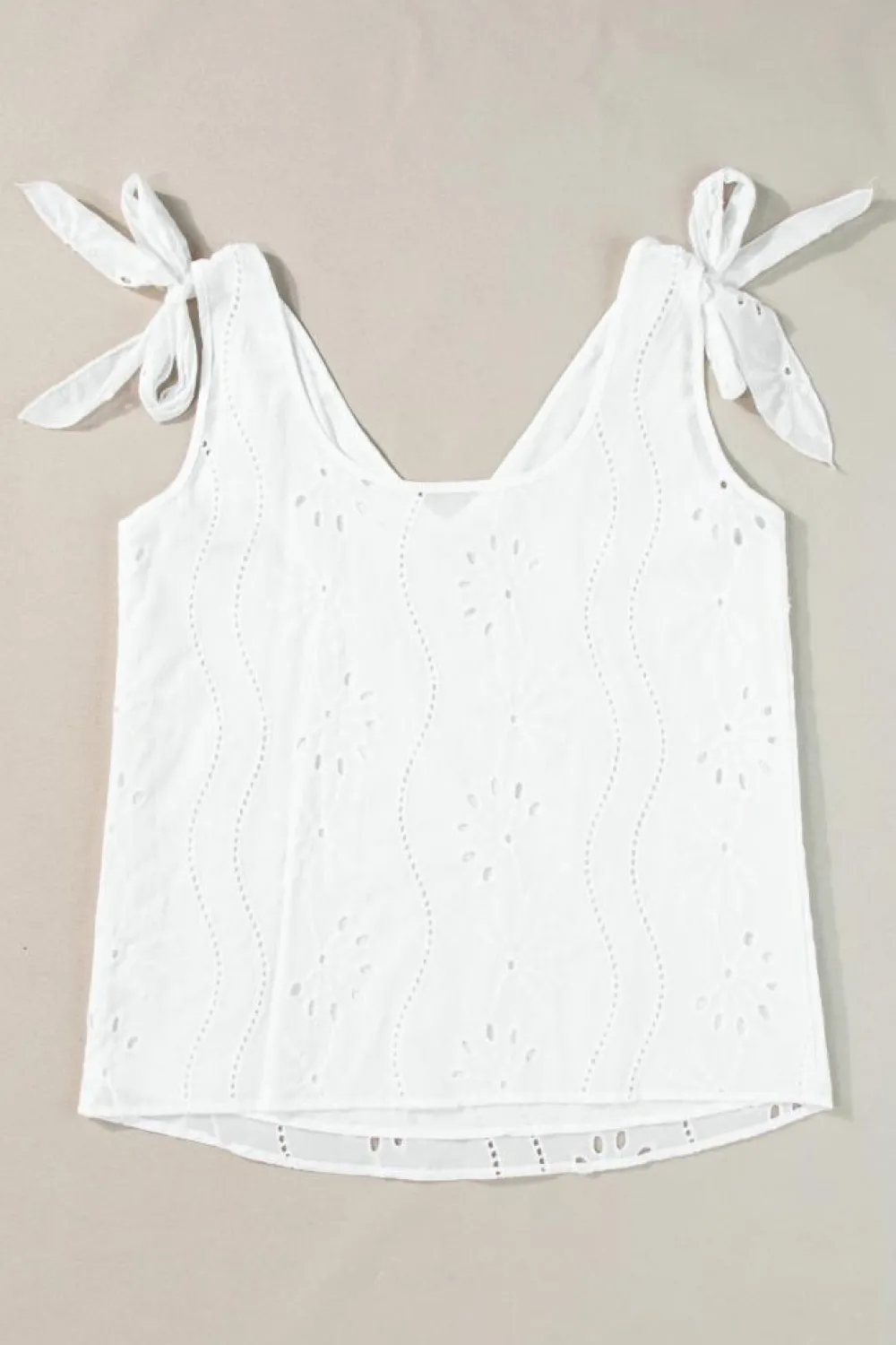Discount Dear-Lover Embroidery Patterned Knotted Straps V Neck Tank Top White
