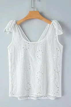 Discount Dear-Lover Embroidery Patterned Knotted Straps V Neck Tank Top White