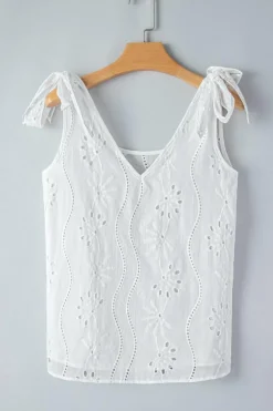 Discount Dear-Lover Embroidery Patterned Knotted Straps V Neck Tank Top White