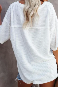 Best Dear-Lover Exposed Seam Half Sleeve Knitted V Neck Textured Top White