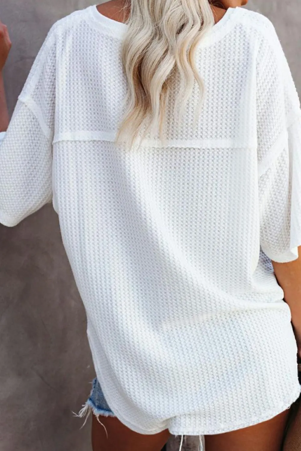 Best Dear-Lover Exposed Seam Half Sleeve Knitted V Neck Textured Top White