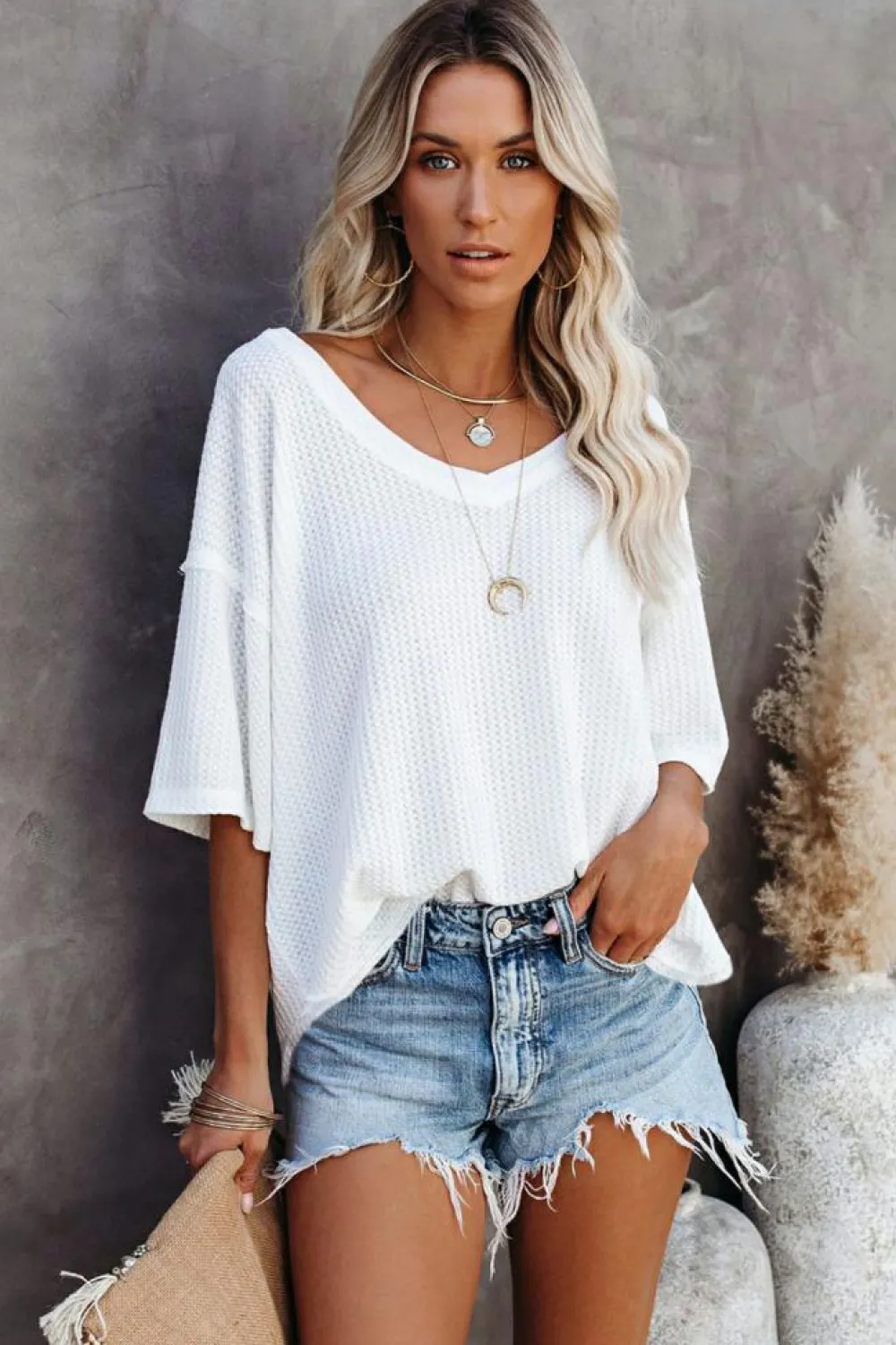 Best Dear-Lover Exposed Seam Half Sleeve Knitted V Neck Textured Top White