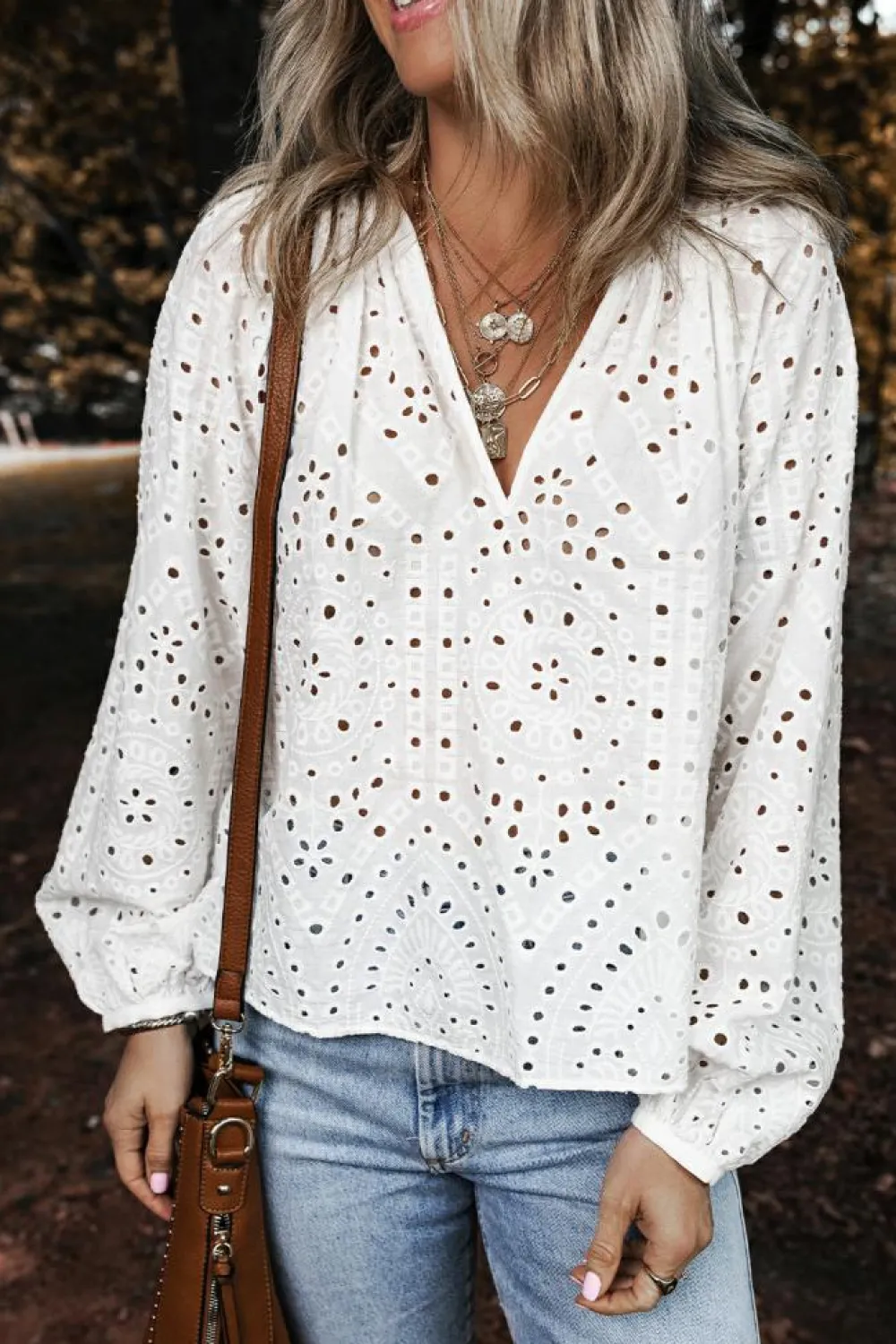 Fashion Dear-Lover Eyelet Embroidered Puff Sleeve V Neck Blouse White