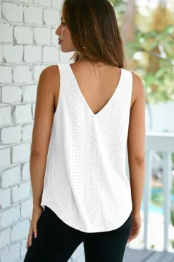 Best Dear-Lover Eyelet Knit Patterned Loose V Neck Tank Top White