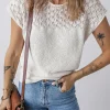 Clearance Dear-Lover Eyelet Knit Tied Back Short Sleeve Sweater White