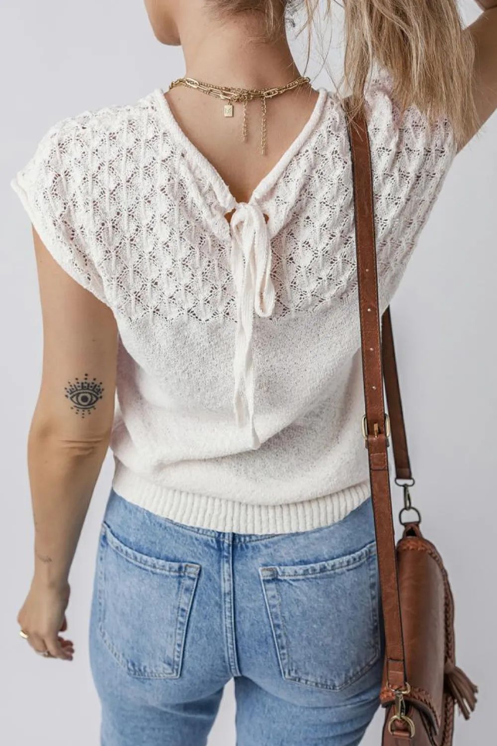 Clearance Dear-Lover Eyelet Knit Tied Back Short Sleeve Sweater White