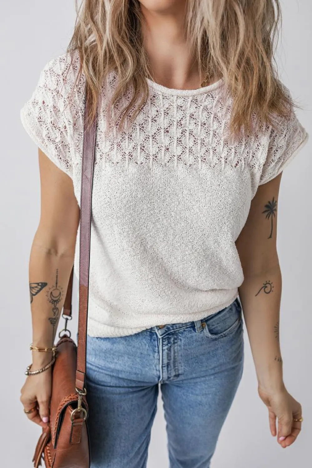 Clearance Dear-Lover Eyelet Knit Tied Back Short Sleeve Sweater White