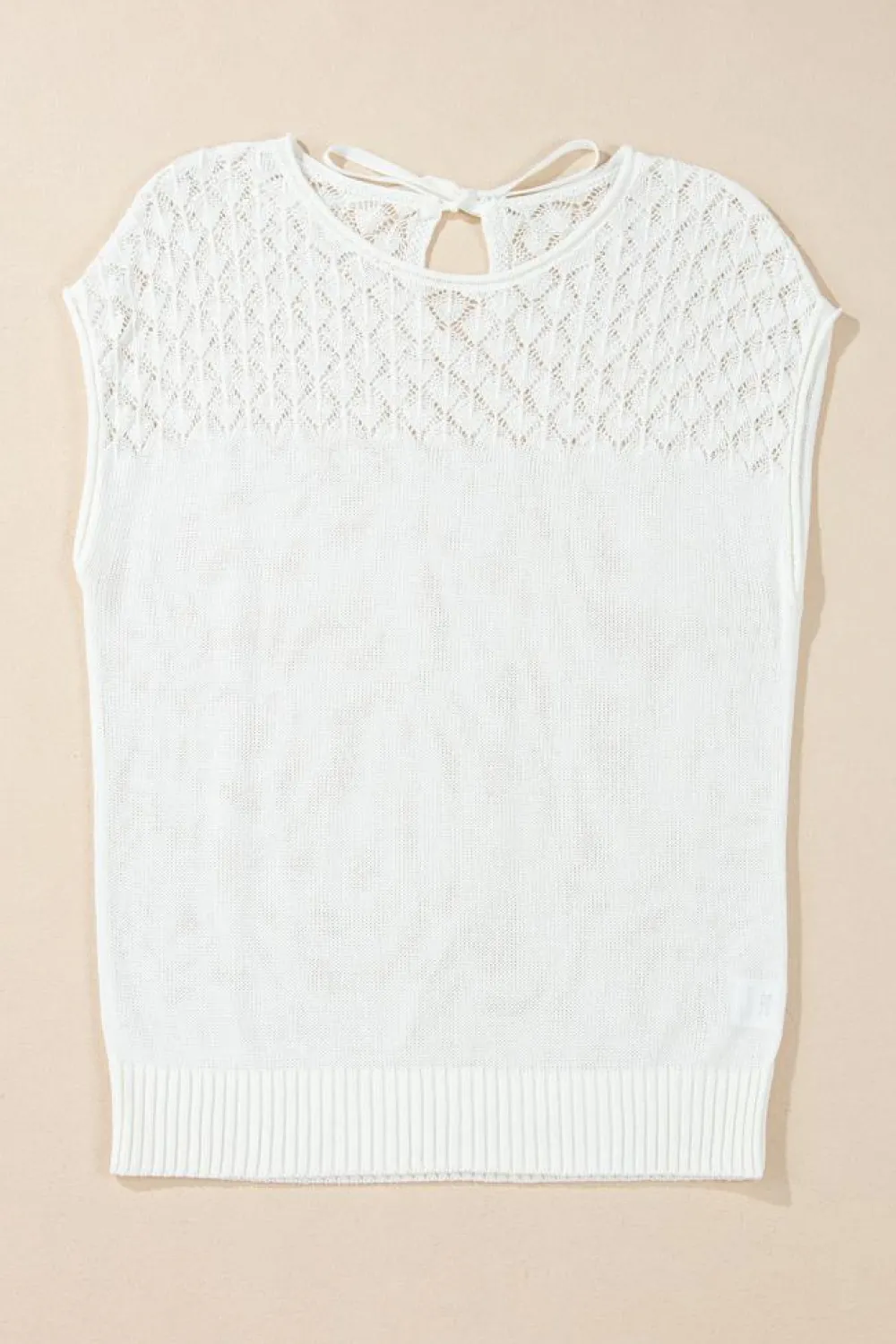 Clearance Dear-Lover Eyelet Knit Tied Back Short Sleeve Sweater White