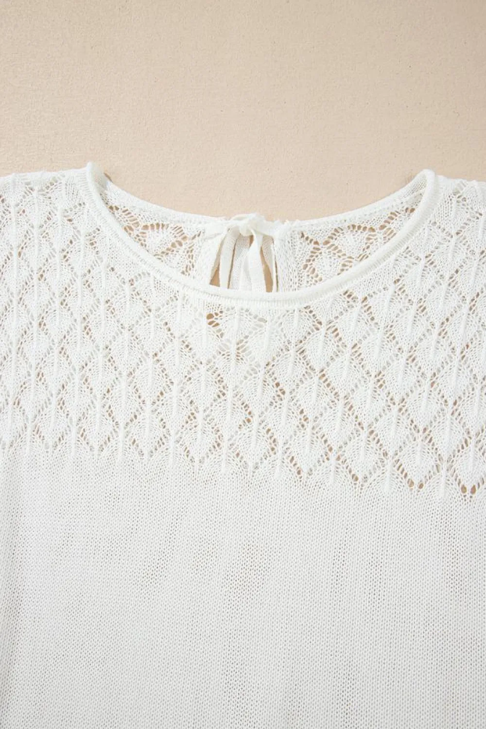 Clearance Dear-Lover Eyelet Knit Tied Back Short Sleeve Sweater White