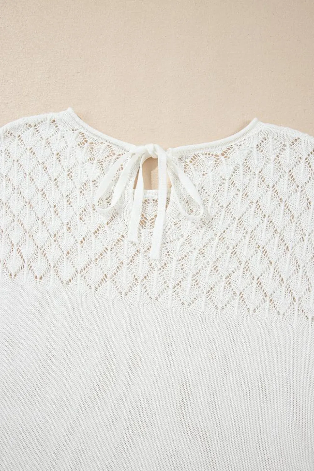 Clearance Dear-Lover Eyelet Knit Tied Back Short Sleeve Sweater White
