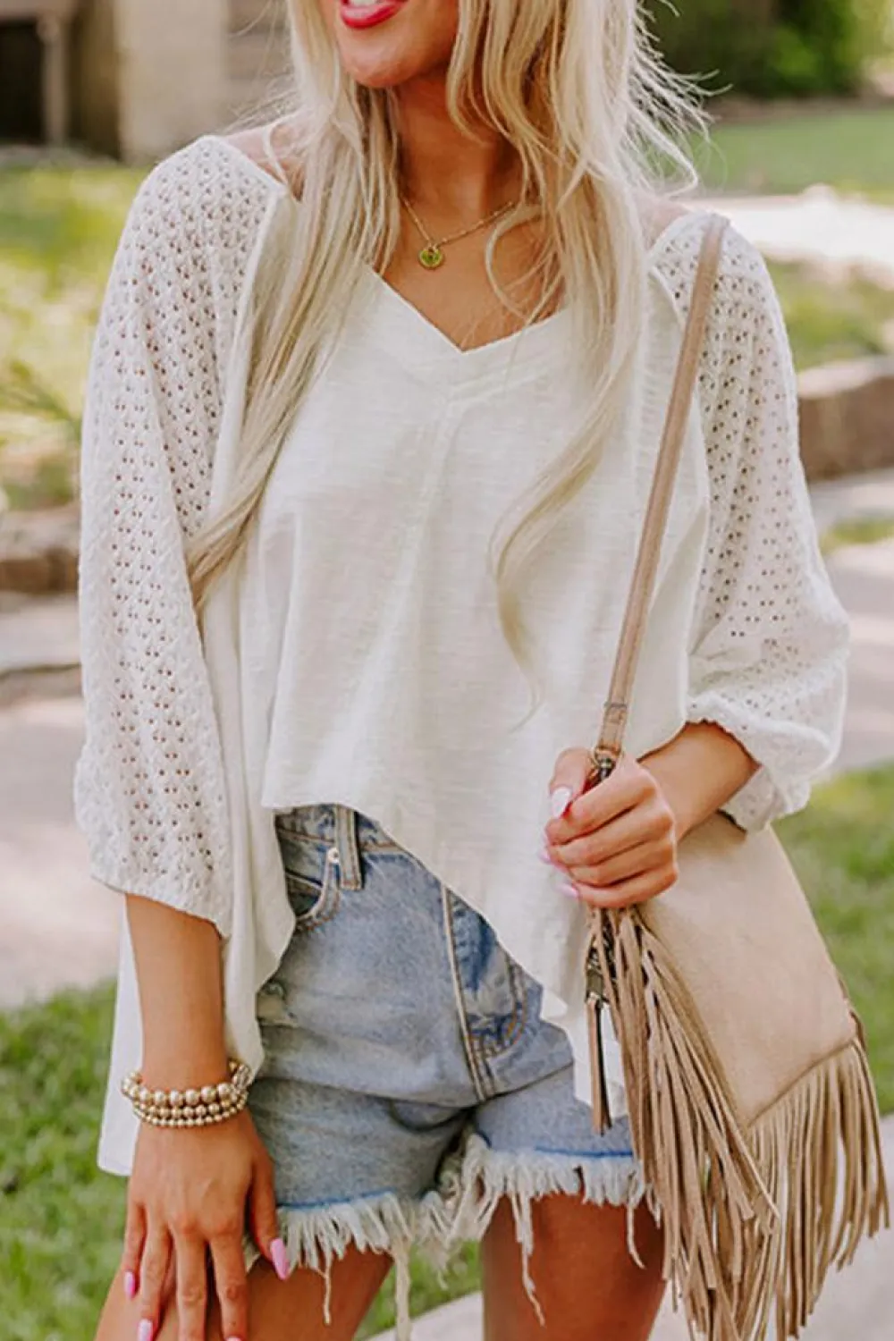 Clearance Dear-Lover Eyelet Patchwork High Low Hem V Neck Oversized Top White