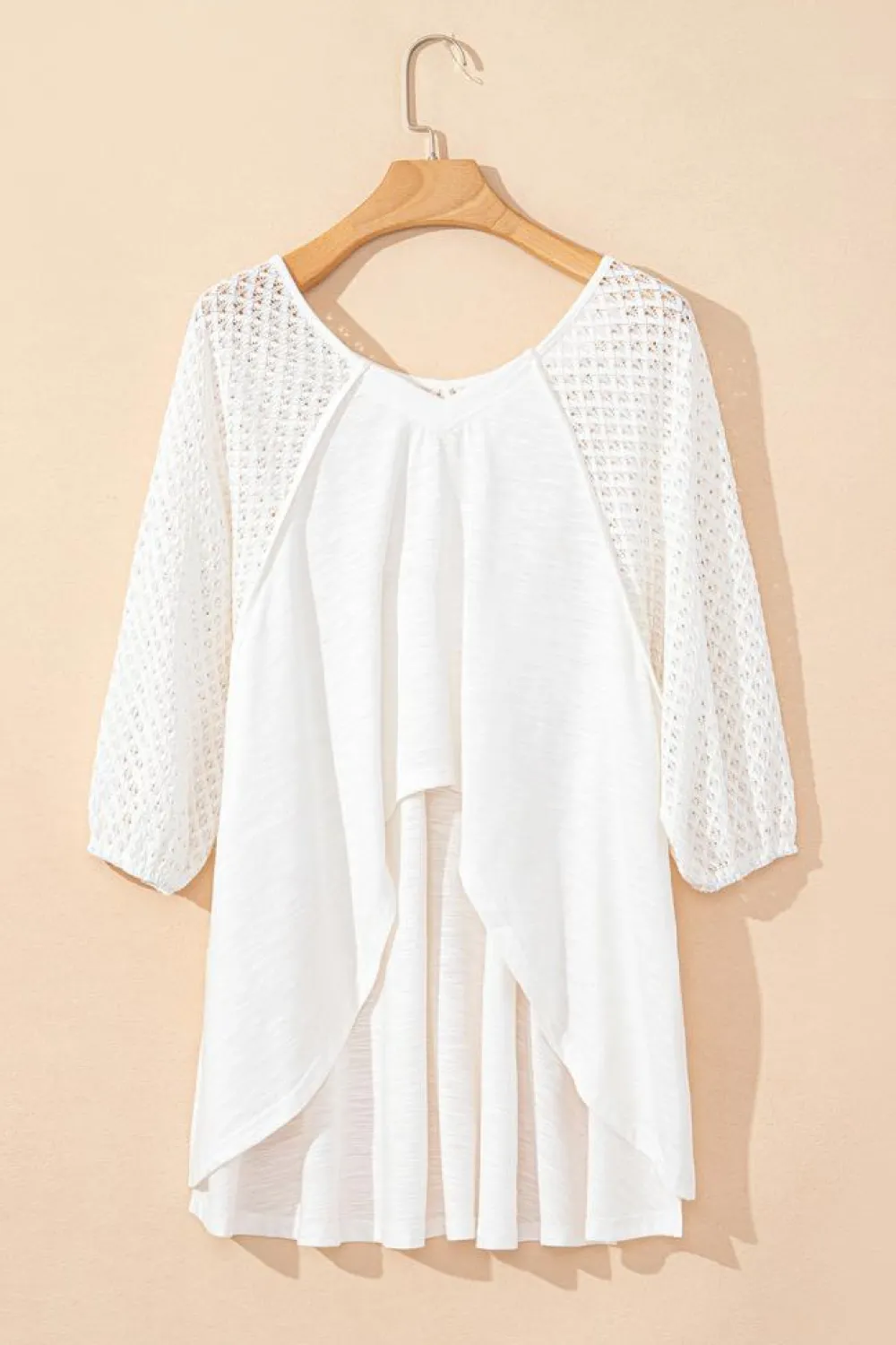 Clearance Dear-Lover Eyelet Patchwork High Low Hem V Neck Oversized Top White