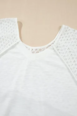 Clearance Dear-Lover Eyelet Patchwork High Low Hem V Neck Oversized Top White